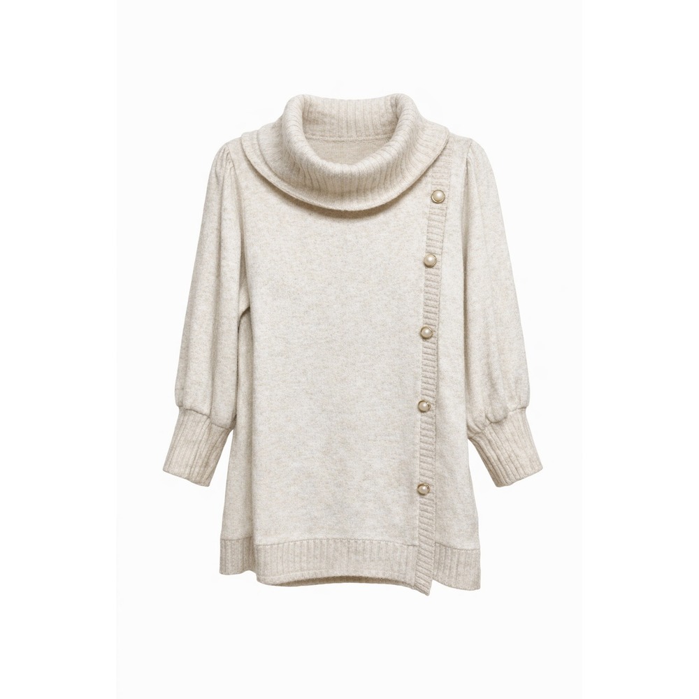 Adrienne Vittadini Cowl Neck Sweater Cream Button Detail Asym Hem Women's Large
